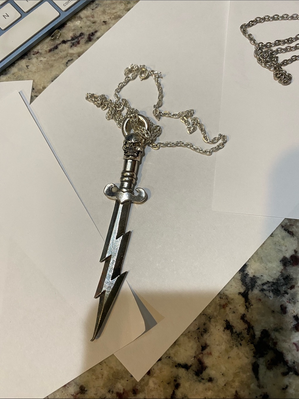 Men's Silver Lightning Dagger Necklace - Gothic Skull Hilt